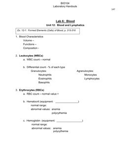 Lab 6: Blood Unit 12: Blood and Lymphatics