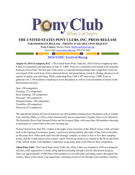 The United States Pony Clubs, Inc. Press Release 2014 Uspc