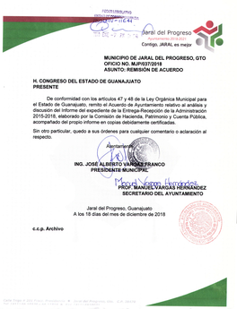 MUNICIPIO DE JARAL DEL PROGRESO, GTO OFICIO NO. MJP/037/2018 ASUNTO: Remisión DE ACUERDO