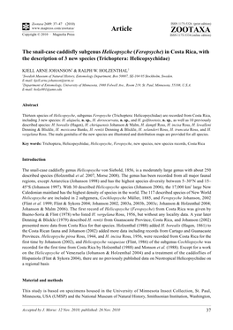 The Snail-Case Caddisfly Subgenus Helicopsyche (Feropsyche) in Costa Rica, with the Description of 3 New Species (Trichoptera: Helicopsychidae)