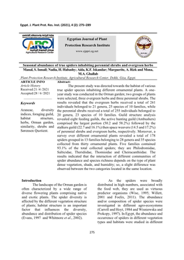 Seasonal Abundance of True Spiders Inhabiting Perennial Shrubs and Evergreen Herbs Manal, S