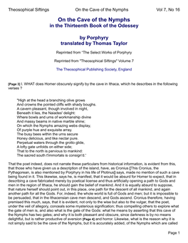Theosophical Siftings on the Cave of the Nymphs Vol 7, No 16 on the Cave of the Nymphs in the Thirteenth Book of the Odessey