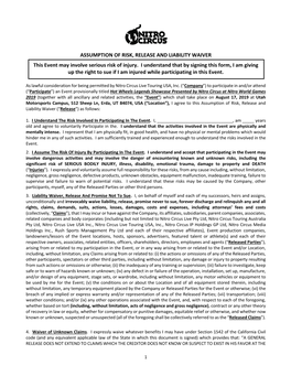 ASSUMPTION of RISK, RELEASE and LIABILITY WAIVER This Event May Involve Serious Risk of Injury. I Understand That by Signing Th