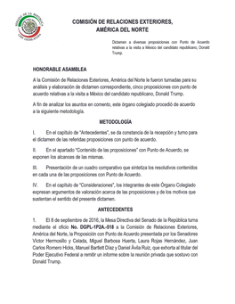 Comisión De Relaciones Exteriores, América Del Norte