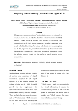 Analysis of Various Memory Circuits Used in Digital VLSI