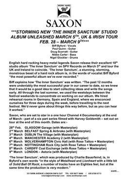 Saxon ***Storming New ‘The Inner Sanctum’ Studio Album Unleashed March 5Th, Uk & Irish Tour Feb