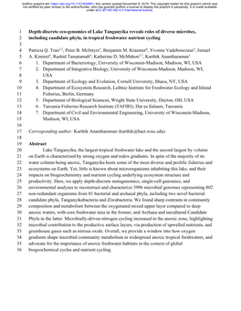 Depth-Discrete Eco-Genomics of Lake Tanganyika Reveals Roles of Diverse Microbes, 1 Including Candidate Phyla, in Tropical Fresh