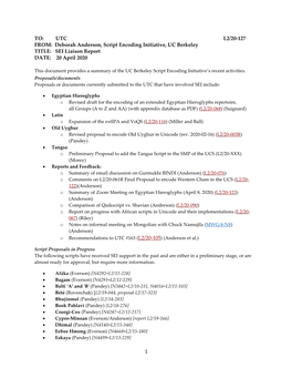 L2/20-127 FROM: Deborah Anderson, Script Encoding Initiative, UC Berkeley TITLE: SEI Liaison Report DATE: 20 April 2020