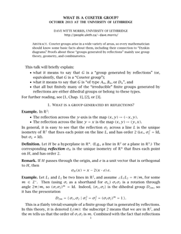 What Is a Coxeter Group? October 2013 at the University of Lethbridge