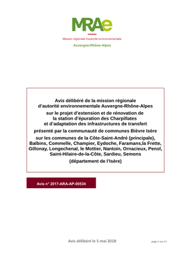 Avis Délibéré De La Mission Régionale D'autorité Environnementale Auvergne-Rhône-Alpes Sur Le Projet D'extension Et De