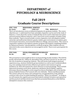 DEPARTMENT of PSYCHOLOGY & NEUROSCIENCE Fall 2019 Graduate Course Descriptions