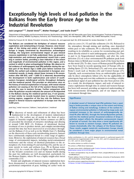 Exceptionally High Levels of Lead Pollution in the Balkans from the Early Bronze Age to the Industrial Revolution