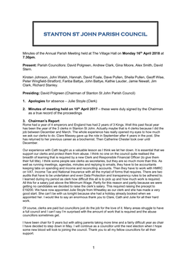 ANNUAL PARISH MEETING Minutes of the Annual Parish Meeting Held at the Village Hall on Monday 16Th April 2018 at 7.30Pm