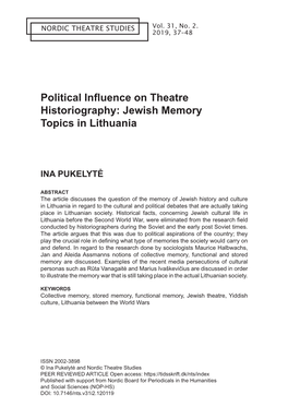 Political Influence on Theatre Historiography: Jewish Memory Topics in Lithuania