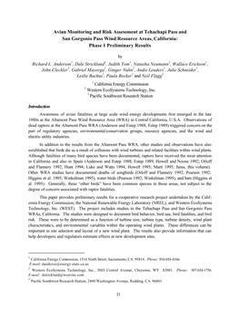 Avian Monitoring and Risk Assessment at Tehachapi Pass and San Gorgonio Pass Wind Resource Areas, California: Phase 1 Preliminary Results