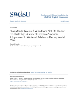 A View of German-American Oppression in Western Oklahoma During World War I Randy L