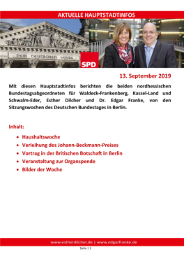 36. Ausgabe Aktuelle Hauptstadtinfos Vom 13.09.2019