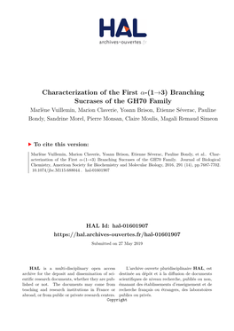 Characterization of the First Α-(1→ 3) Branching Sucrases of the GH70