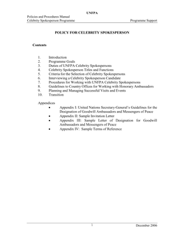 POLICY for CELEBRITY SPOKESPERSON Contents 1