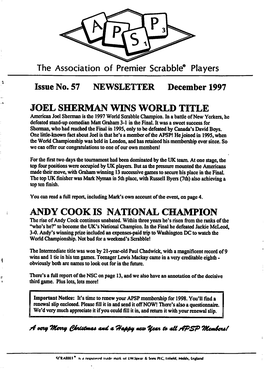 The Association of Premier Scrabble* Players JOEL SHERMAN WINS