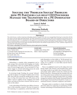 Problem: How PE Partners Can Help CEO/Founders Manage the Transition to a PE Dominated Board of Directors Larry J