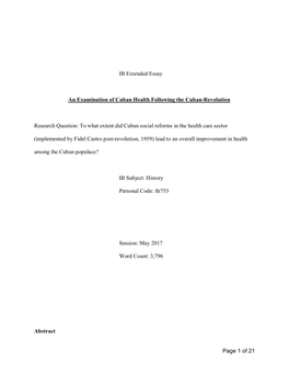 Page 1 of 21 IB Extended Essay an Examination of Cuban Health Following the Cuban-Revolution Research Question: to What Extent D