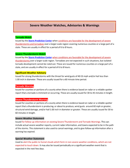 Severe Weather Watches, Advisories & Warnings