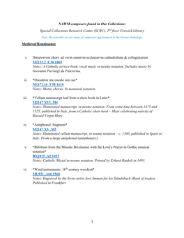 NAWM Composers Found in Our Collections: Special Collections Research Center (SCRC), 2Nd Floor Fenwick Library Medieval/Renaissa
