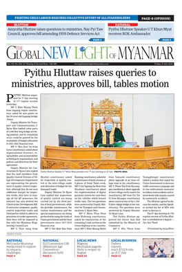 Pyithu Hluttaw Raises Queries to Ministries, Approves Bill, Tables Motion