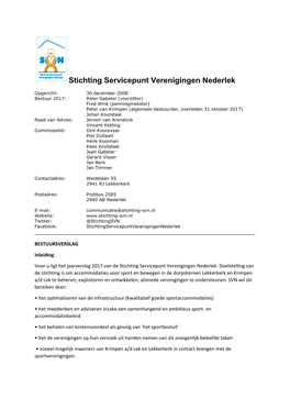 Jaarverslag 2017 Van De Stichting Servicepunt Verenigingen Nederlek