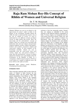 Raja Ram Mohan Roy-His Concept of Rihhts of Women and Universal Religion