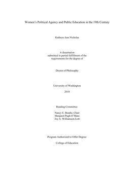 Women's Political Agency and Public Education in the 19Th Century