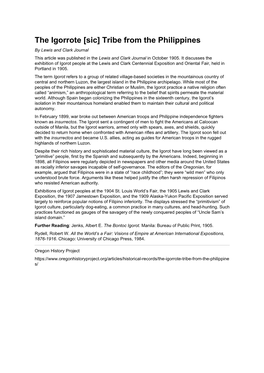 Tribe from the Philippines by Lewis and Clark Journal This Article Was Published in the Lewis and Clark Journal in October 1905