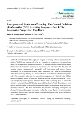 Emergence and Evolution of Meaning: the General Definition of Information (GDI) Revisiting Program—Part I: the Progressive Perspective: Top-Down