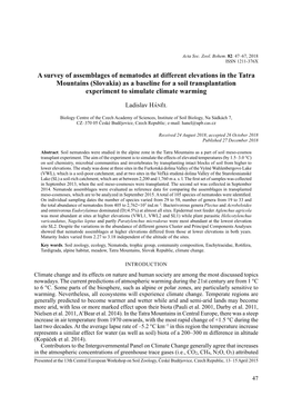 A Survey of Assemblages of Nematodes at Different Elevations in the Tatra Mountains (Slovakia) As a Baseline for a Soil Transpla