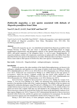 Dothiorella Magnoliae, a New Species Associated with Dieback of Magnolia Grandiflora from China