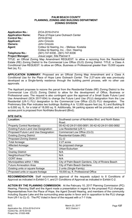 PALM BEACH COUNTY PLANNING, ZONING and BUILDING DEPARTMENT ZONING DIVISION Application No.: Z/CA-2016-01414 Application Name: Pl