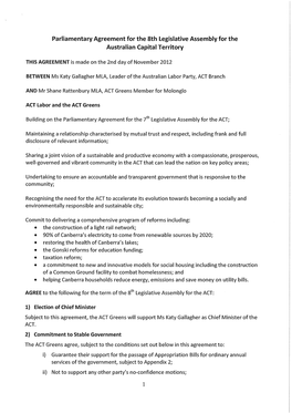 Parliamentary Agreement for the 8Th Legislative Assembly for the Australian Capital Territory