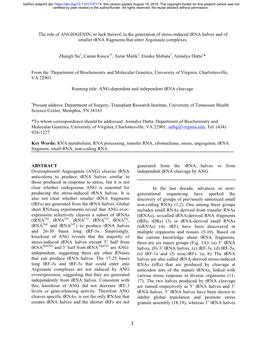 The Role of ANGIOGENIN, Or Lack Thereof, in the Generation of Stress-Induced Trna Halves and of Smaller Trna Fragments That Enter Argonaute Complexes