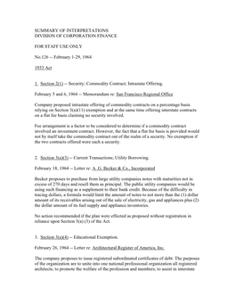 Summary of Interpretations Division of Corporation Finance