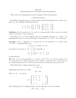 Math 480 Diagonalization and the Singular Value Decomposition These Notes Cover Diagonalization and the Singular Value Decomposi