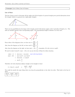 Precalculus: Law of Sines and Law of Cosines Concepts: Law of Sines
