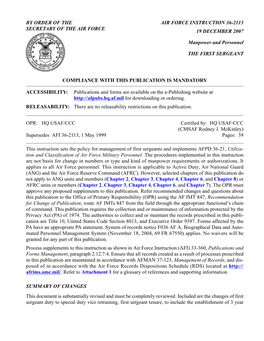 BY ORDER of the SECRETARY of the AIR FORCE AIR FORCE INSTRUCTION 36-2113 19 DECEMBER 2007 Manpower and Personnel the FIRST SERGE