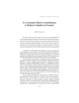 Fr. Fortunato Mizzi's Contributions to Maltese Catholics in Toronto1