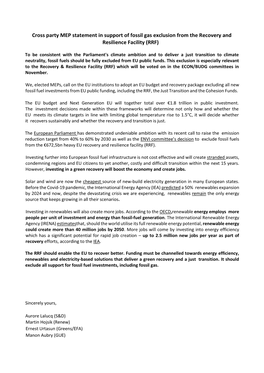 Cross Party MEP Statement in Support of Fossil Gas Exclusion from the Recovery and Resilience Facility (RRF)