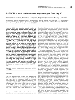 A Novel Candidate Tumor Suppressor Gene from 10Q24.3
