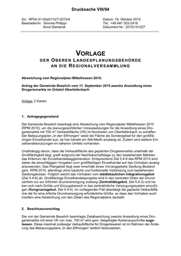 Vorlage Der Oberen Landesplanungsbehörde an Die Regionalversammlung