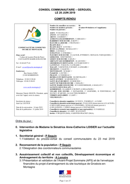 Conseil Communautaire – Gergueil Le 20 Juin 2019 Compte-Rendu