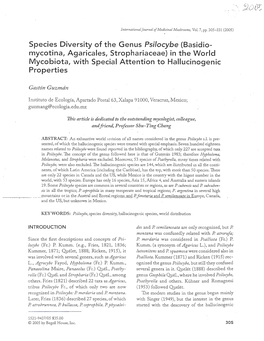 Species Diversity of the Genus Psilocybe (Basidio- Mycotina, Agaricales, Strophariaceae) in the World Mycobiota, with Special At
