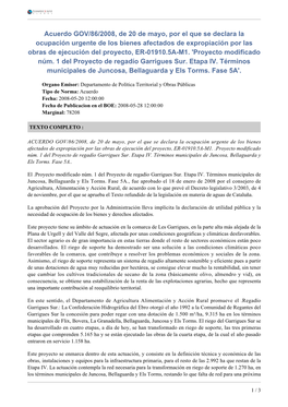 Acuerdo GOV/86/2008, De 20 De Mayo, Por El Que Se Declara La